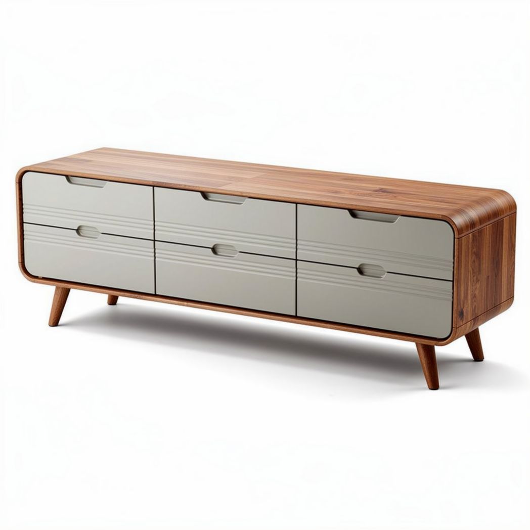Modern wooden storage console with six drawers and natural finish