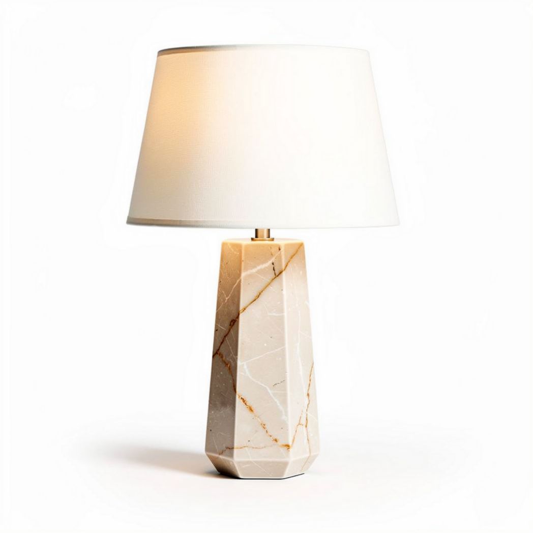 Marble table lamp with white fabric shade and geometric design 20 x 20 x 40cm